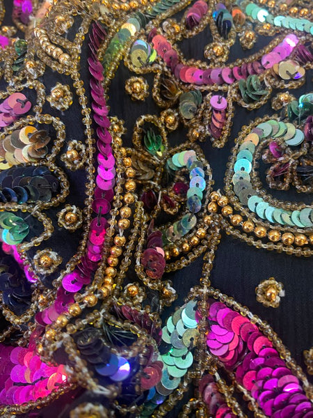 True Vintage 80s Funky Swirly Sequined Silk Midi Dress Formal Editorial Glam L