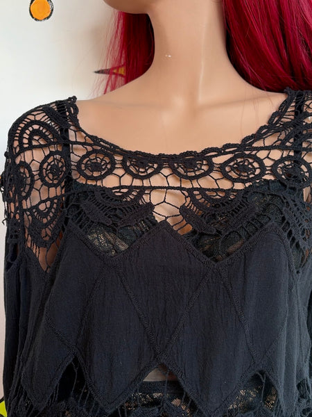 Vintage Black Crochet Mini Dress or Top Cotton Whimsy Goth Boho Grunge - M