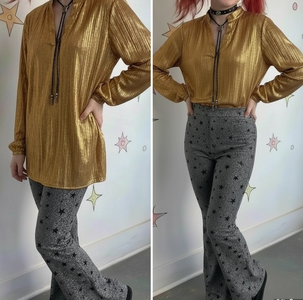 Vintage Y2K Golden Metallic Long Sleeve Blouse | Glam Disco Party Top – XL