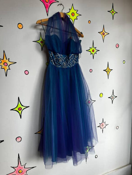 Vintage 50s Blue Tulle Fit & Flare Halter Party Dress Fairy Princess Prom Gown S
