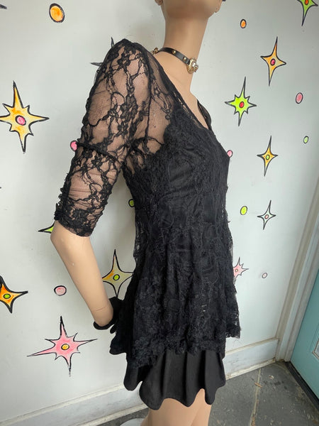 Y2K Black Lace Sheer Top | Whimsy Goth Y2K Babydoll Fairy Grunge Romantic S/M