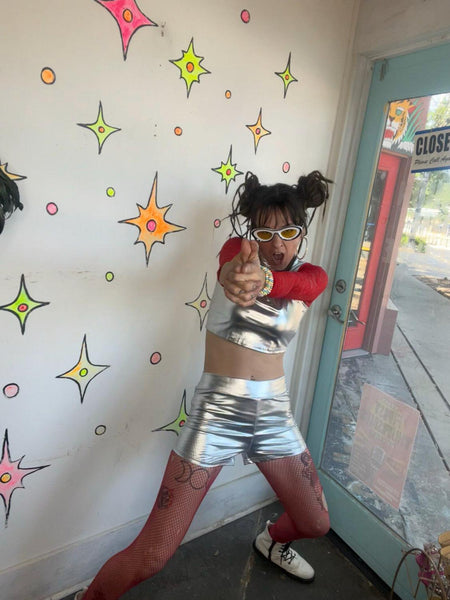 Silver Metallic Crop Top Cyber Grunge Galaxy Rave Tank Y2K Disco Future Glam L