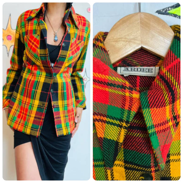 50s 60s Wool Flannel Jacket Colorful Red Green Yellow Clowncore Boho Grunge - M