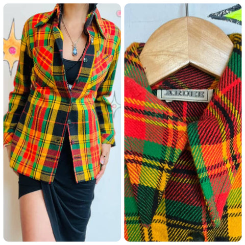 50s 60s Wool Flannel Jacket Colorful Red Green Yellow Clowncore Boho Grunge - M