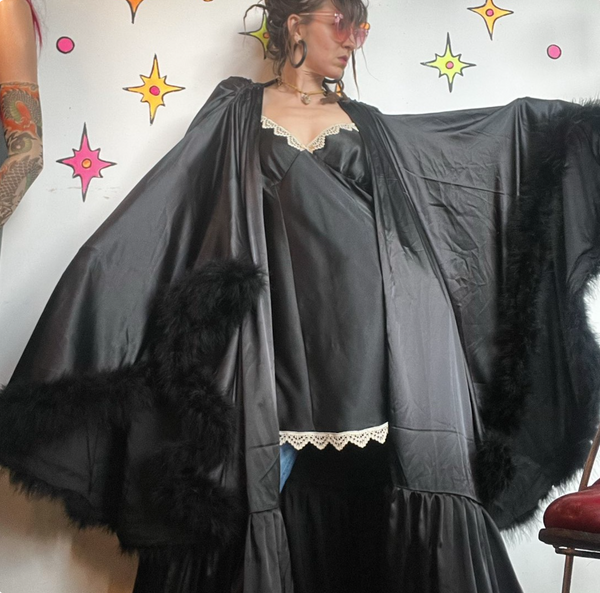 Black Feather Trim Decadent Robe Pin Up Boudoir Lingerie Old Hollywood Glam
