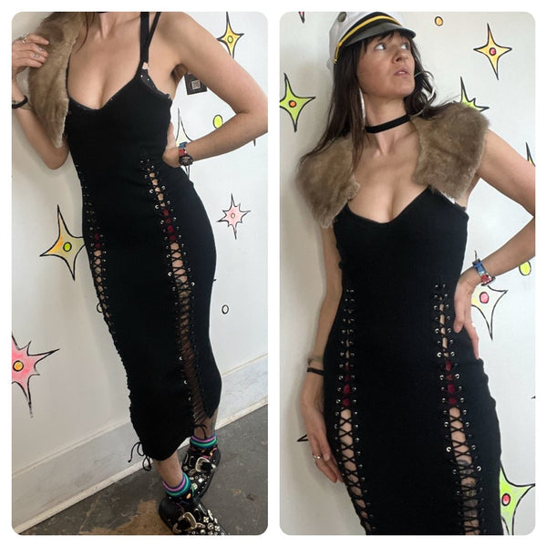 Y2K Black Bodycon Ribbed Lace Cat Woman Maxi Moto Biker Cyber Fairy Club Dress