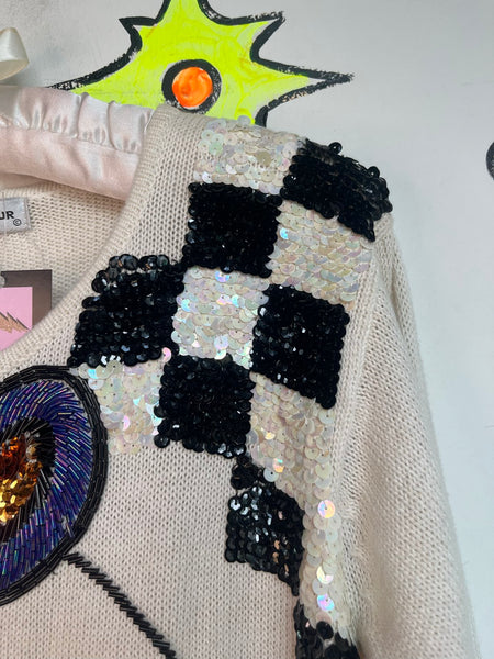 80s Pop Art Sweater Avant Garde Beaded Wearable Art Ramie Cotton Knit S