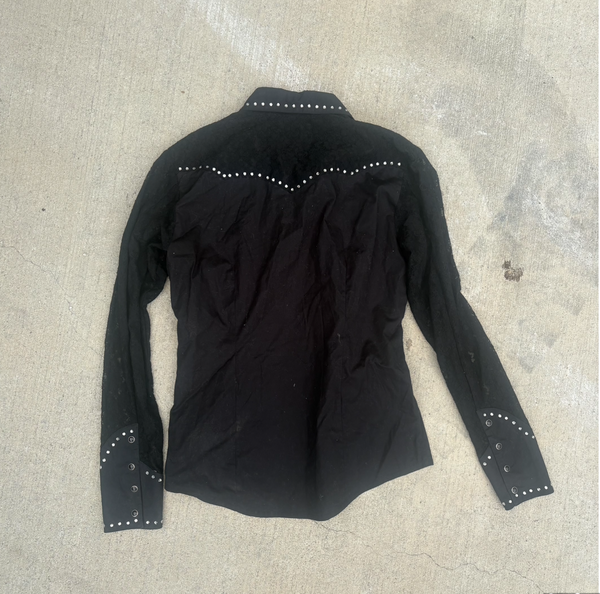 Vintage Rhinestone Pearl Snap Shirt Black Western Cowgirl Goth Glam Bling Top S