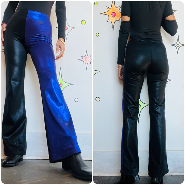 Vintage Stretchy Glam Metallic Black & Purple Rave Disco Bellbottom Flares | S