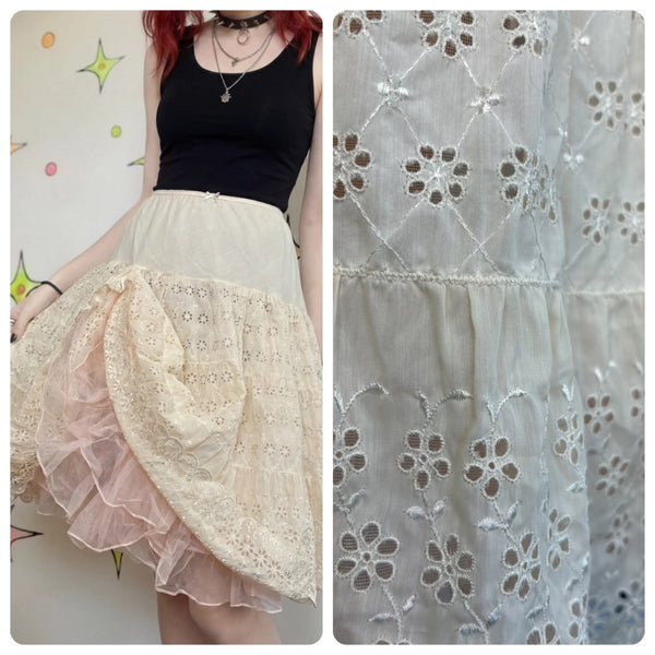 Vintage White Pink Crinoline Ruffles Layered Lace Coquette Babydoll Petticoat SM