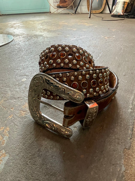 Y2K Rhinestone Belt Cowhide Leather Western Bling Cowgirl Glam Statement Belt
