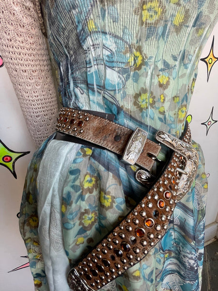 Y2K Rhinestone Belt Cowhide Leather Western Bling Cowgirl Glam Statement Belt