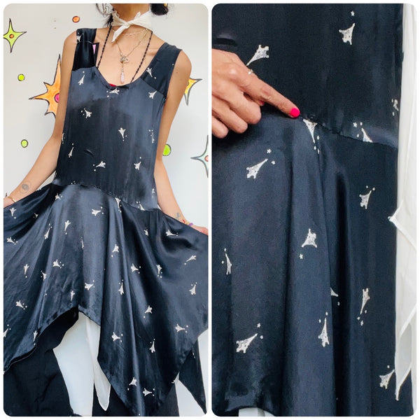 1920s 30s | Black and White Silk Eifel Tower Print Handmade Slip Dress | S M