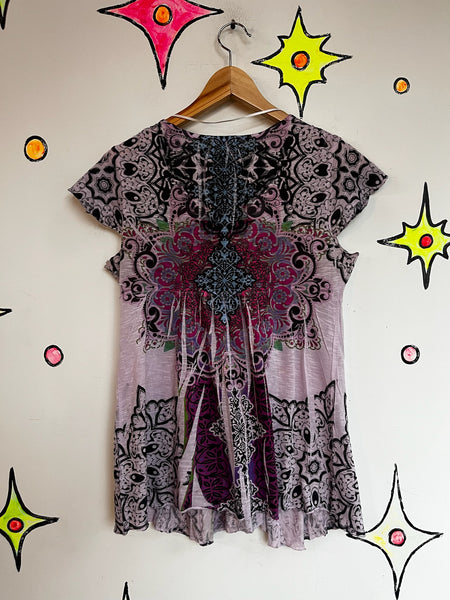 Vintage Y2K Purple Boho Grunge Fairy Crochet Embellished Tattoo Tee - Size M
