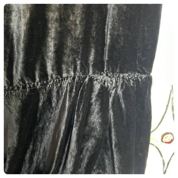 Antique Black Velvet Drop Waist Dress Witchy Gothic Asymmetrical Hem 1920s L