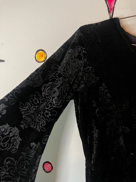 Black Velvet Hooded Goth Mini Dress | Bell Sleeves Witchy Dress | S/M