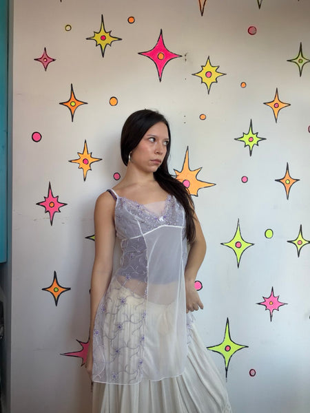 90s Y2K Fairy Grunge White Sheer Slip w/ Purple Embroidery | S/M