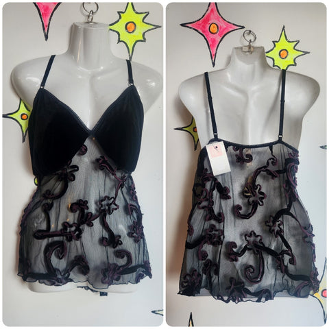 Vintage 90s Y2K | Black Velvet and Sheer Mesh Fairy Core Goth Cami Top| 22/24