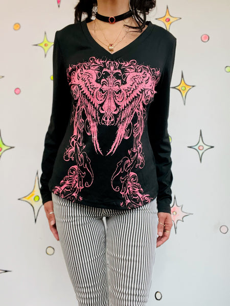Y2K Grunge Tattoo Print Tee - Fairy Grunge Goth McBling Vintage T Shirt - L
