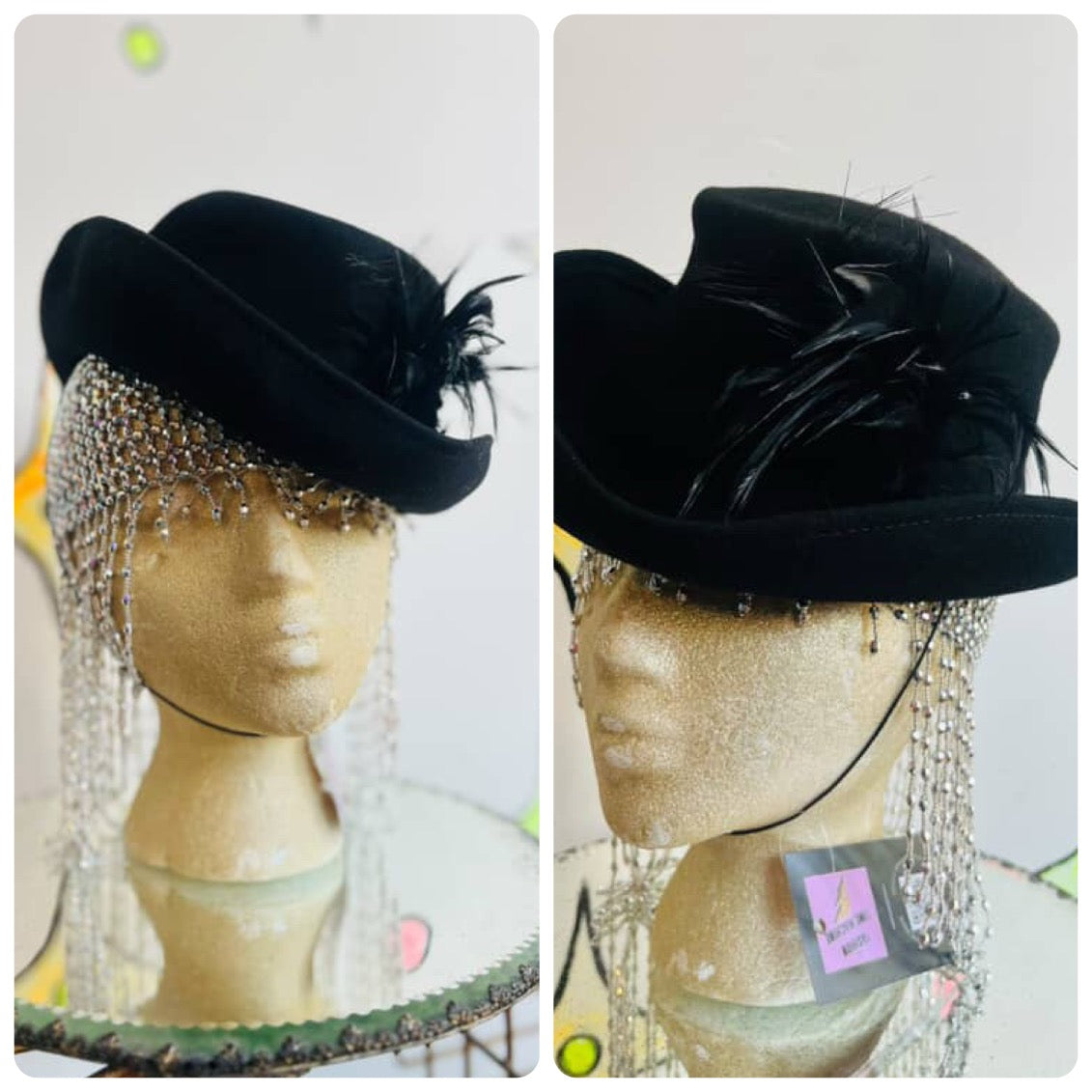 Vintage Glam 1940s Black Wool Hat with Feather – Glenover Henry Pollak
