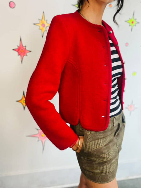 Vintage 80s Red Boiled Wool Cropped Blazer - Boho Fairy Grunge Glam - Small