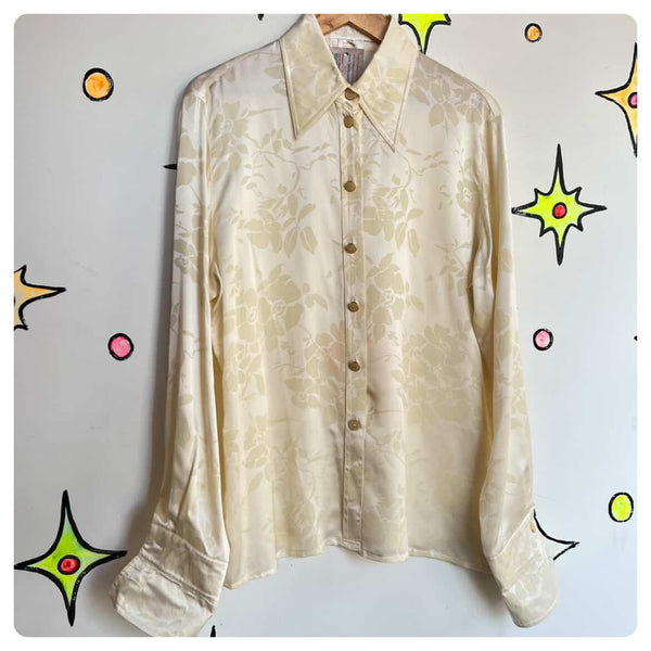 Vintage 90s ESCADA Embossed Floral Off-White Silk Blouse w Gold Buttons - L