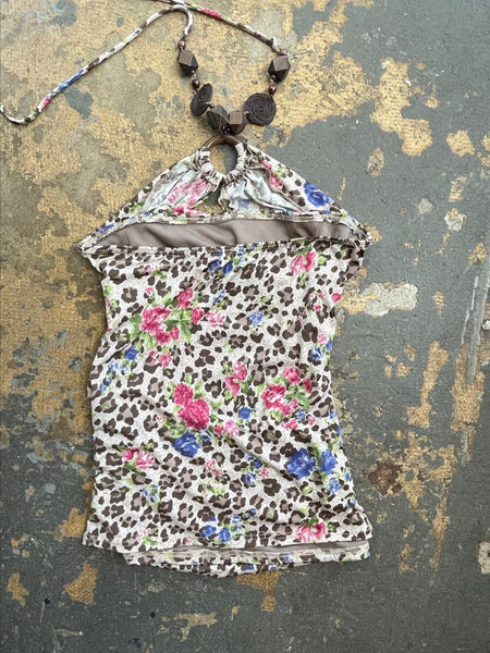Y2K Leopard Print Floral Halter Top | Beaded Necklace 2-in-1 Jewelry / Top XS/S