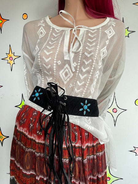 Black Fringe Western Goth Faux-Turquoise Vegan Suede Wrap Belt S/M