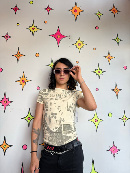 Hot Topic Star Print Tee Y2K Mall Goth Grunge Distressed Baby Tee XS