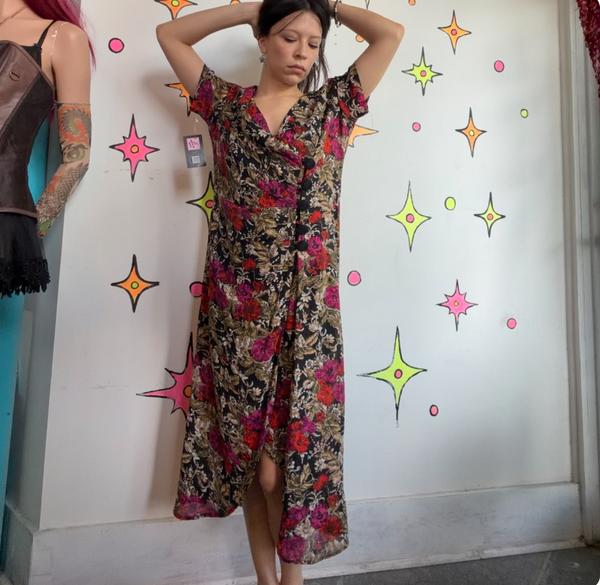 90s Floral Silk Dress Romantic Fairy Grunge Whimsy Goth Office Siren M/L