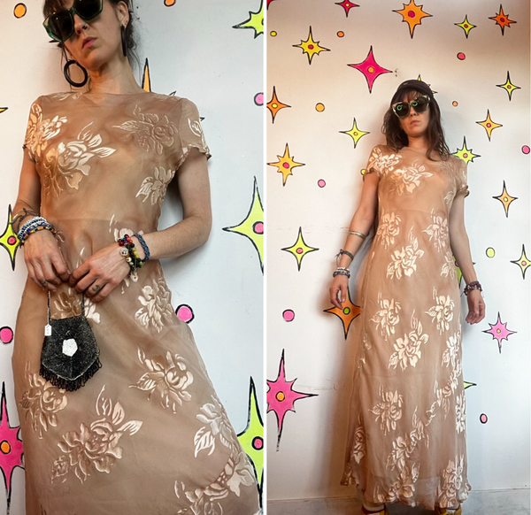 90s Blush Velvet Burnout Maxi Dress Silk Blend Ethereal Fairy Grunge Gown - S