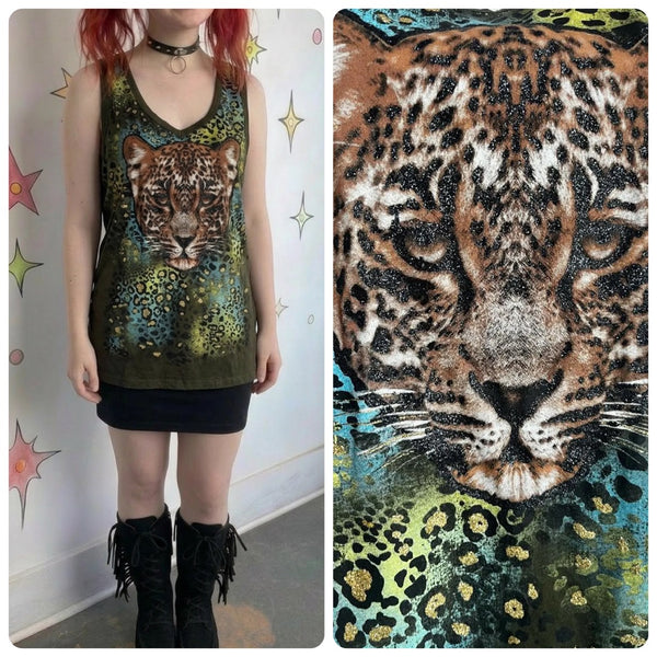Vintage Y2K 2000s | Leopard Graphic Tee Glitter Emo Fairy Grunge T Shirt Tank | L