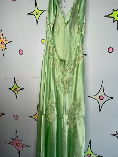 Y2K Pastel Green Satin Beaded Formal Gown Niki Livas Fairycore Prom S