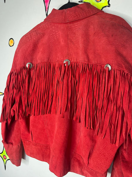Vintage Red Suede Jacket 80s Cropped Fringe Leather Western Grunge L XL