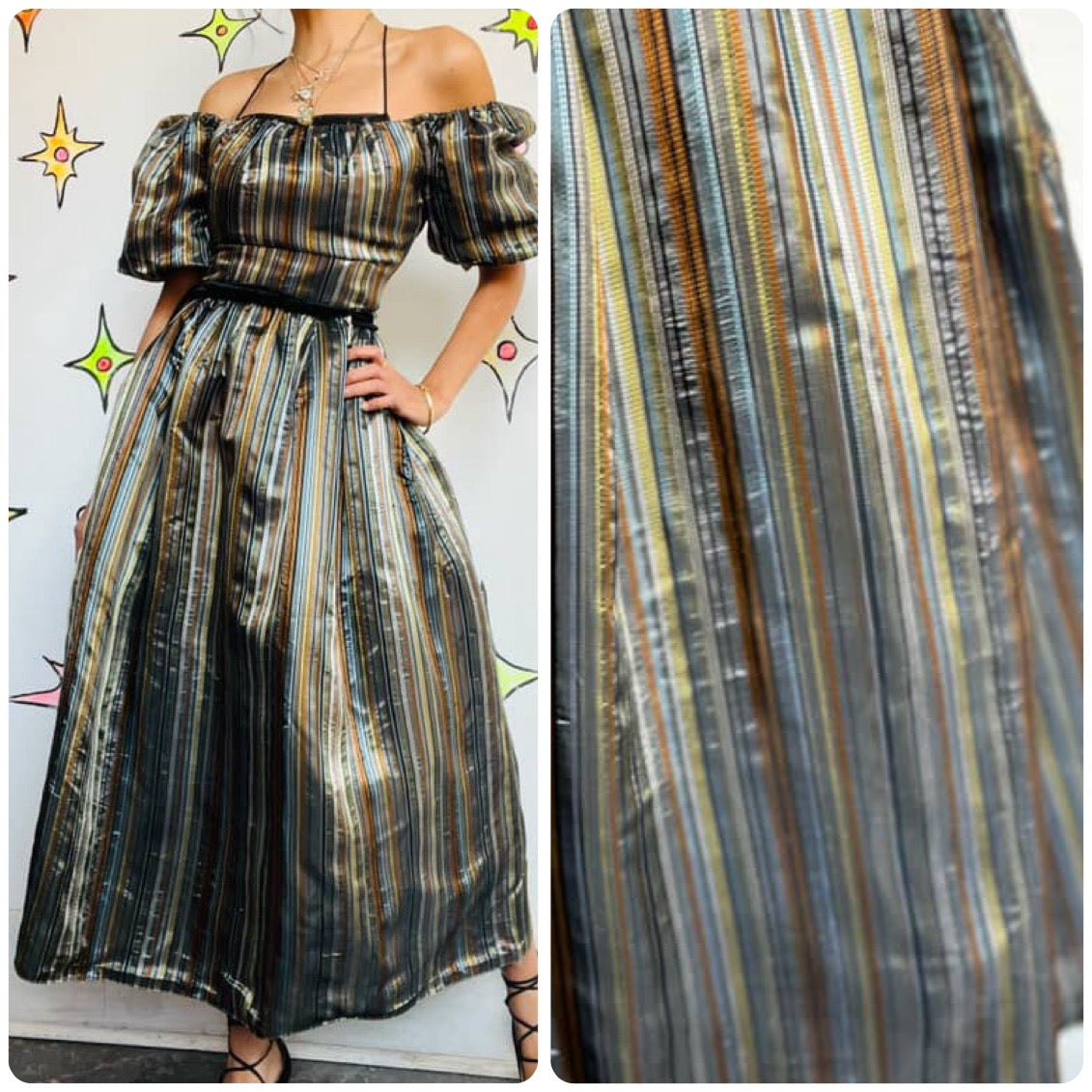 Vintage 80s Silver & Gold Poofy Princess Party Glam Prom Dress w Velvet Belt – S