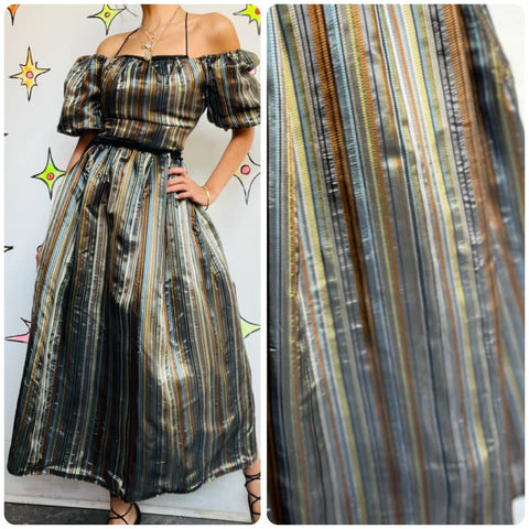 Vintage 80s Silver & Gold Poofy Princess Party Glam Prom Dress w Velvet Belt – S