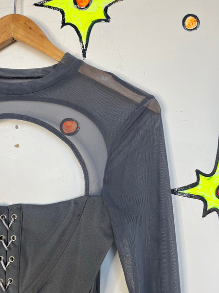 Grey Corset Top Sheer Bell Sleeves – Y2K Rave Medieval Fairy Grunge Castlecore M