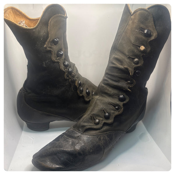 Antique Edwardian Black Leather Button Boots – Early 1900s Victorian | 5–5.5