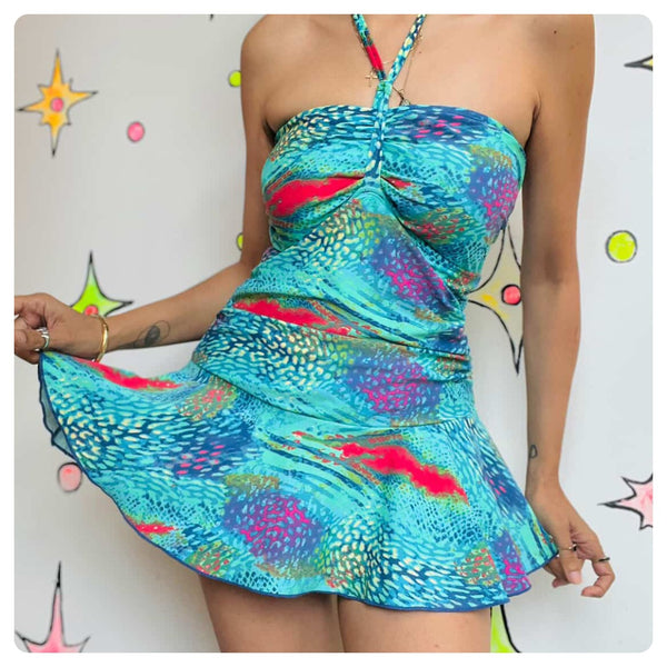Vintage 90s Y2K Swim Dress – Blue Abstract Rainbow Snake Print One-Piece – 12