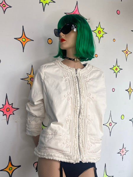 Y2K White Sparkly Military Jacket Silver Metallic Glam Chicos Boho Grunge L