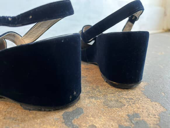 1940s Navy Blue Velvet Peep Toe Wedge Platform Heels - 7.5