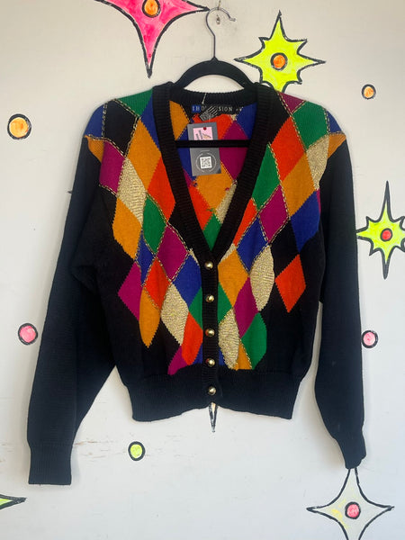 Rainbow Harlequin Cardigan Clowncore Sweater Beaded Deep V Button Front S/M