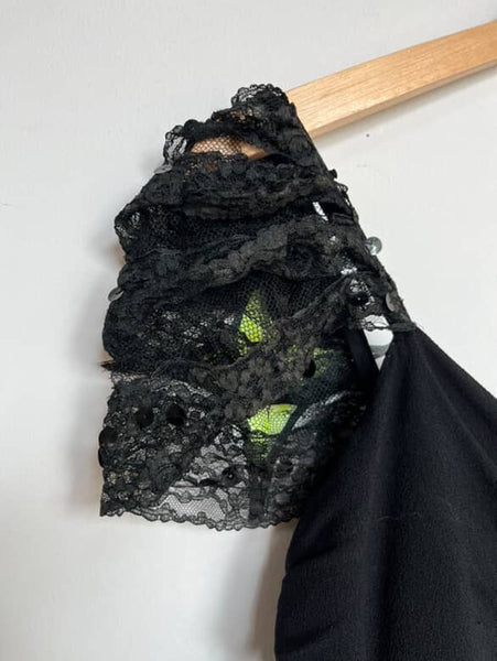 Vintage Tulle Mermaid Ruffle Hem Maxi Dress Black Lace Old Hollywood Glam 1930s