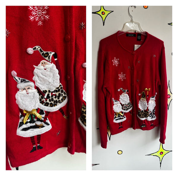 Vintage 80s 90s | Red Santas Snowflakes Tacky Ugly Christmas Sweater Cardigan XL