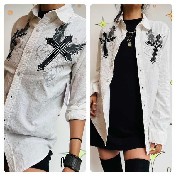 Y2K Affliction Style Tattoo Print Button-Up Black & White Long Sleeve Shirt - S