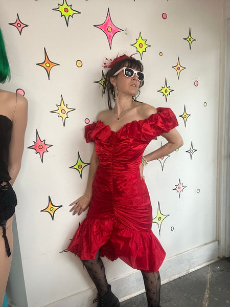 Vintage 80s Shiny Red Poofy Party Dress Prom Wild Glam New Wave Formal M