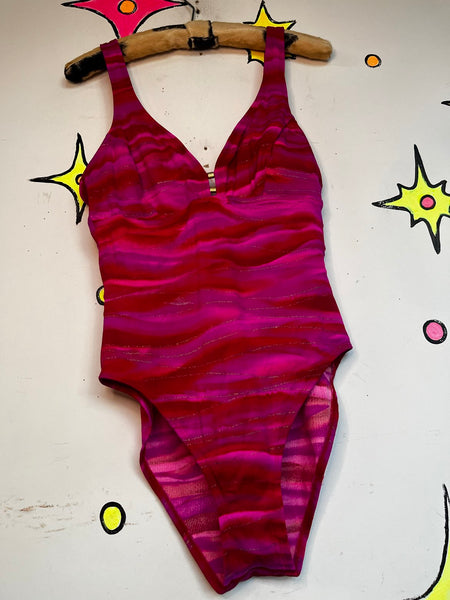 Vintage 90s Hot Pink & Gold Swimsuit One Piece High Cut Retro Neon / Bodysuit ML