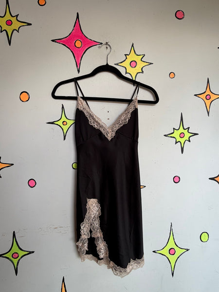 Vintage Black Satin Lace Slip Off White Lace Trim Romantic Goth Lingerie ML