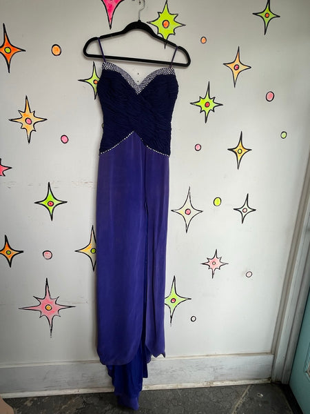 90s Y2K Royal Purple Sweetheart Ruched High Slit Rhinestone Maxi Prom Dress XS/S