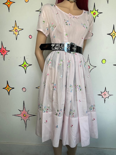 Vintage Pastel Pink Embroidered Babydoll Dress Fit & Flare Kawaii Coquette S